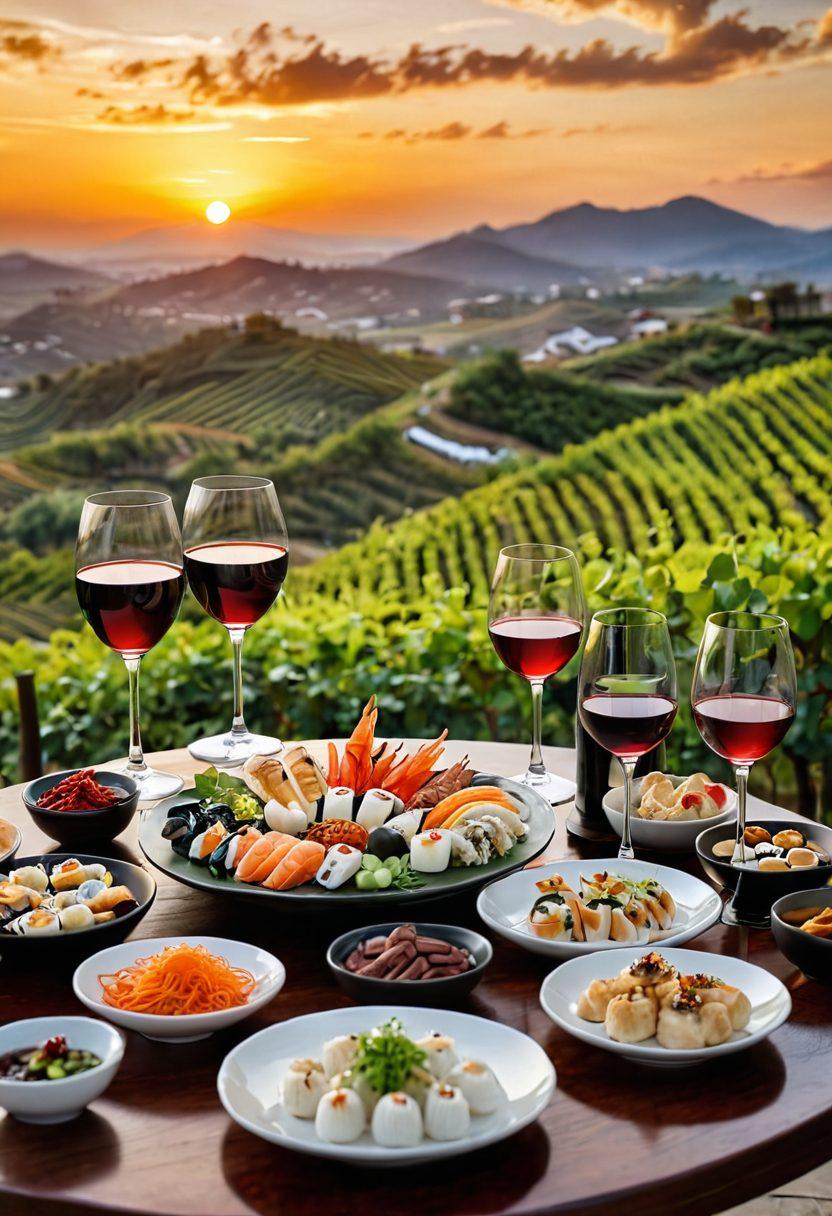 A beautifully arranged table featuring elegant wine glasses filled with rich, red and white Asian wines. Surrounding the glasses are traditional Asian food pairings such as sushi, dim sum, and spicy noodles, all set against a backdrop of lush vineyards under a colorful sunset sky. Captured in a warm, inviting ambiance that reflects the essence of Asian culture and gastronomy. super-realistic. vibrant colors. 3D.