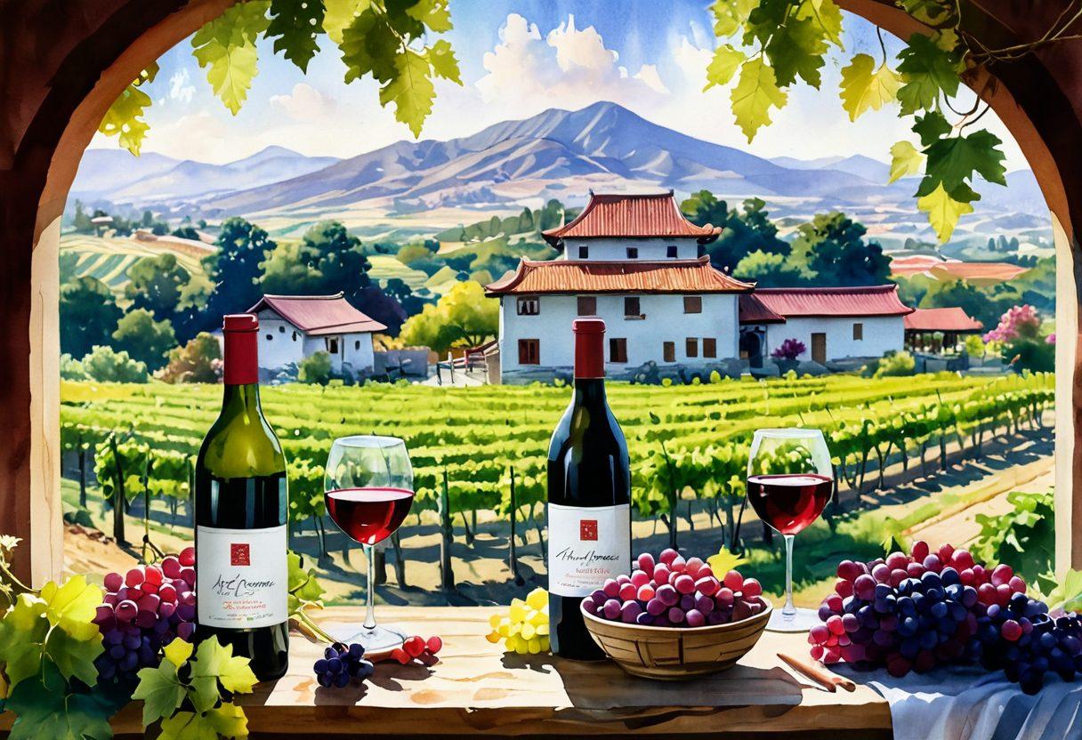 A vibrant vineyard scene showcasing various Asian wine varieties, featuring lush green grapevines adorned with ripe red and pink grapes. In the background, traditional Asian architecture merges with rolling hills, while a small wooden wine barrel sits nearby, hinting at premium reds and exquisite rosés. Soft warm sunlight filters through the leaves creating an inviting ambiance. watercolor illustration. vibrant colors.