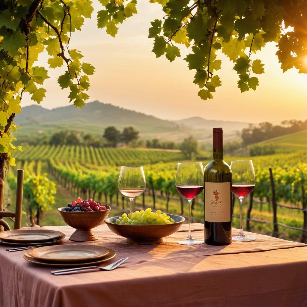 A picturesque vineyard in Asia with lush grapevines under a golden sunset, showcasing diverse grape varieties. In the foreground, a beautifully arranged table with glasses of Asian wine, reflecting elegance and sophistication. Subtle elements of cultural aesthetics such as traditional Asian pottery and silk tablecloths enhance the scene. The background features a serene landscape, blending nature and tradition. super-realistic. vibrant colors. soft focus.